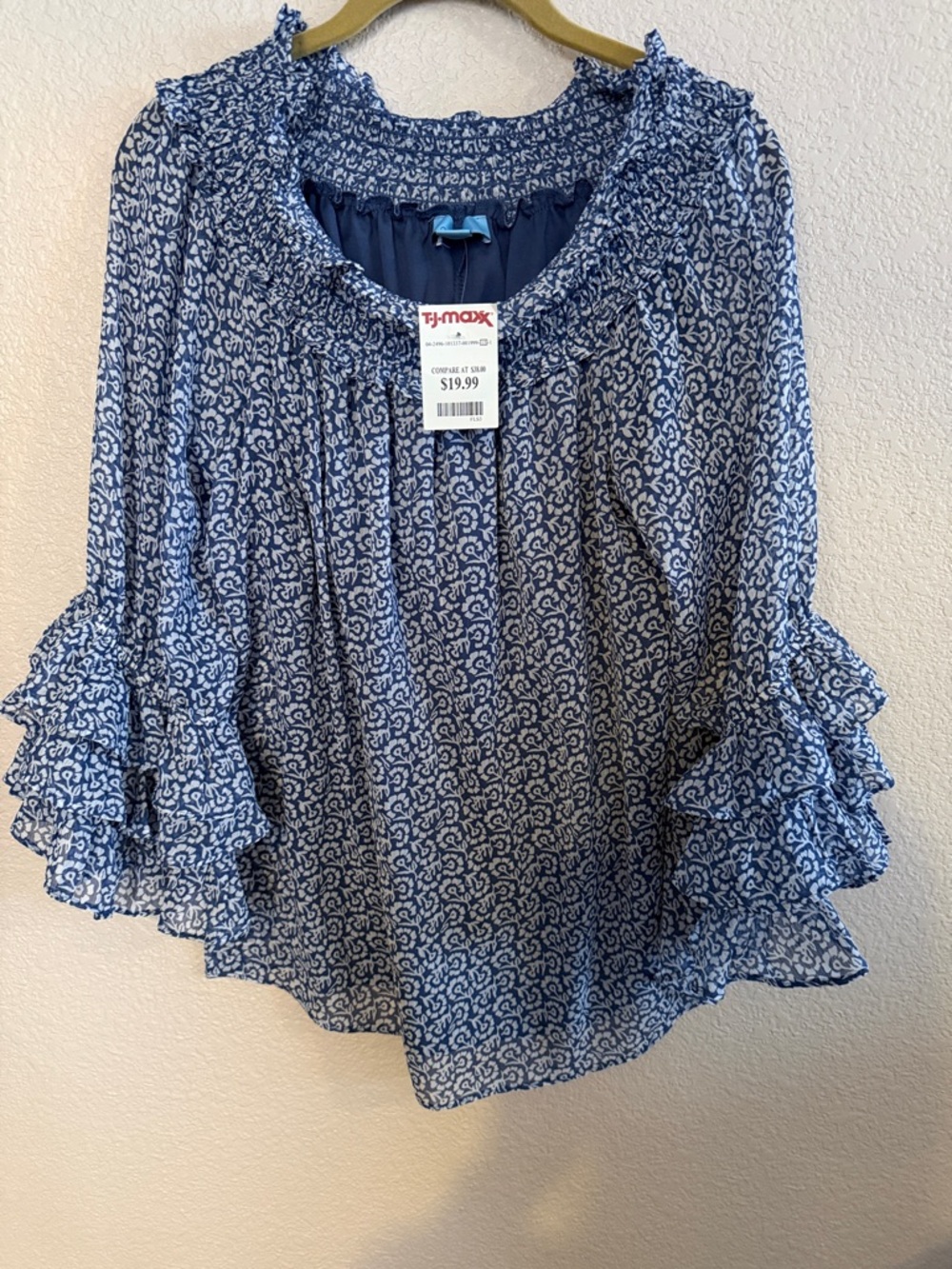 T.J.Maxx Blue Floral Ruffle Sleeve Peasant Blouse